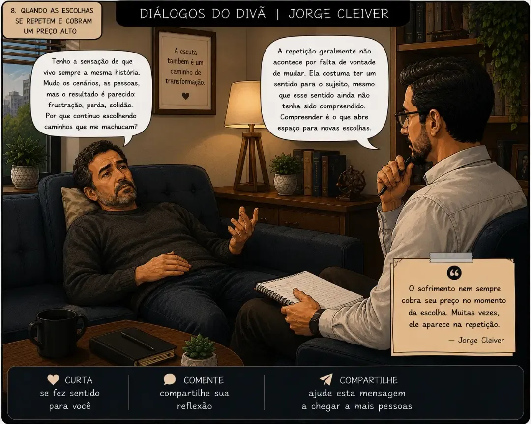 Quadrinho da série Diálogos do Divã sobre escolhas que se repetem