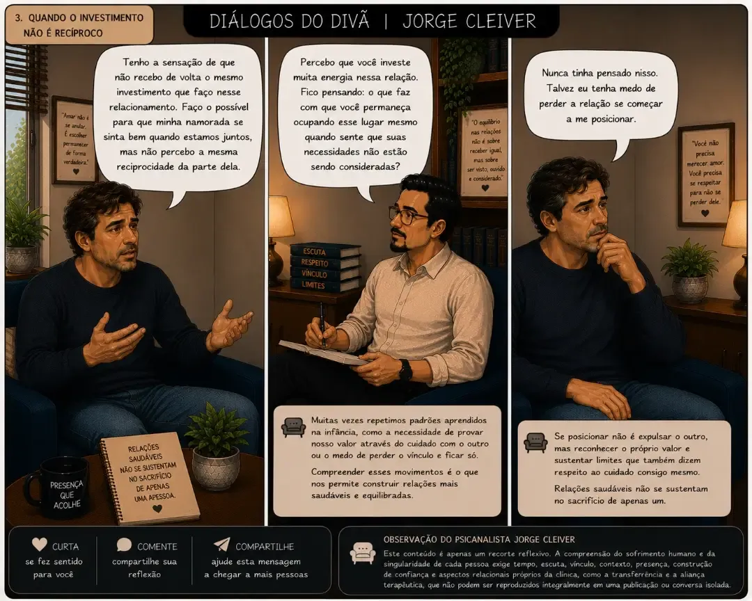 Quadrinho da série Diálogos do Divã sobre relacionamentos