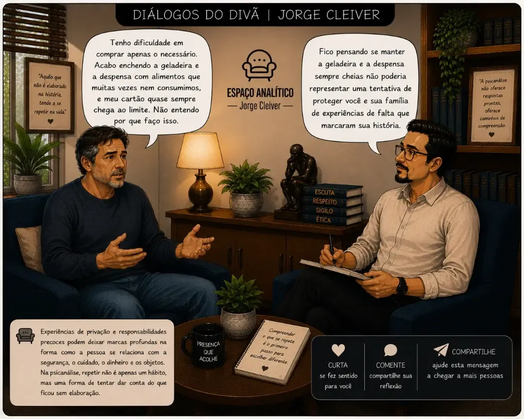Quadrinho da série Diálogos do Divã sobre compras e a falta