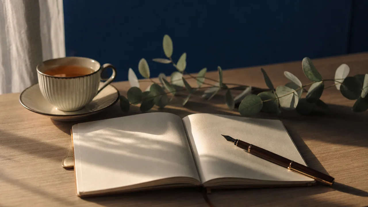 Caderno aberto e caneta sobre a mesa, à luz da tarde